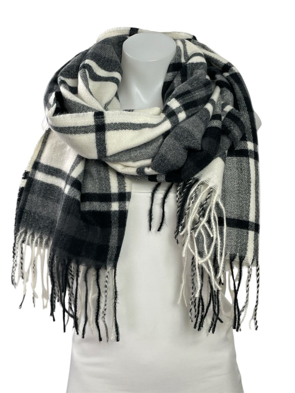 Marine Layer Women's Black White Plaid Check Fringe Wrap Shawl Neck Scarf OS